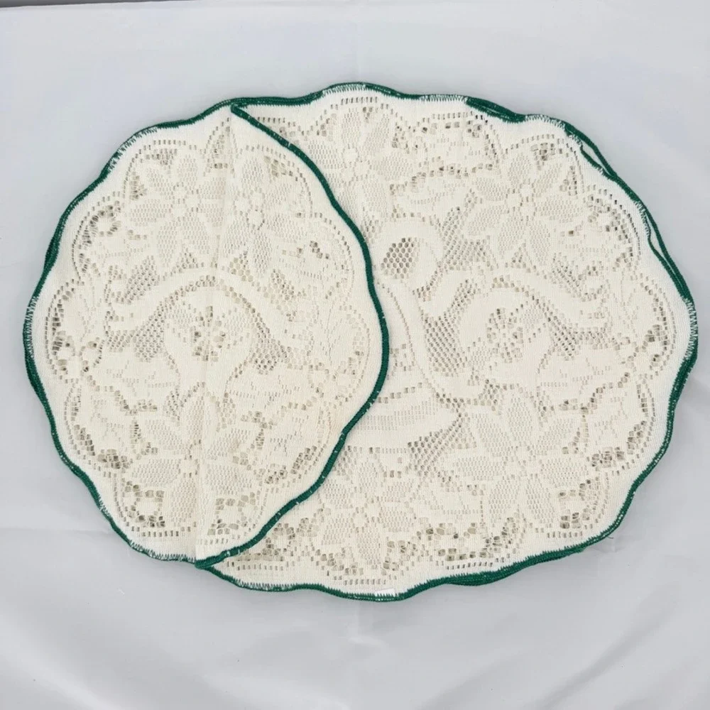 Placemats Set of 6 Christmas Bell Lace Cream Green Trim Holiday Cottage Core